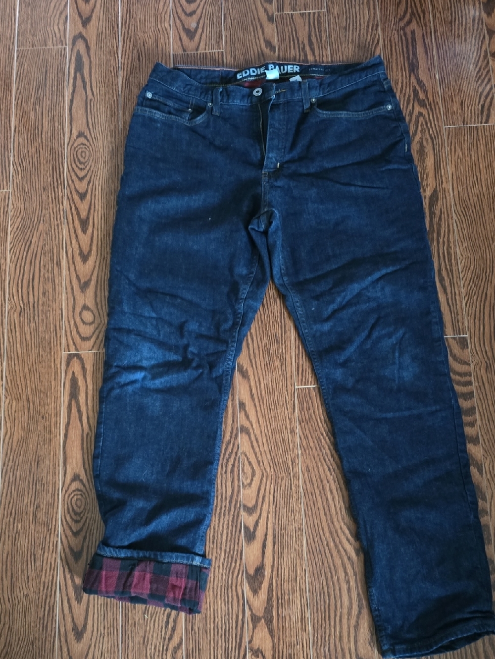 Eddie Bauer Men’s Navy Straight-Leg Jeans with Plaid Cuff